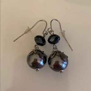 Silver Leaf/Black Bead Dangly Earrings